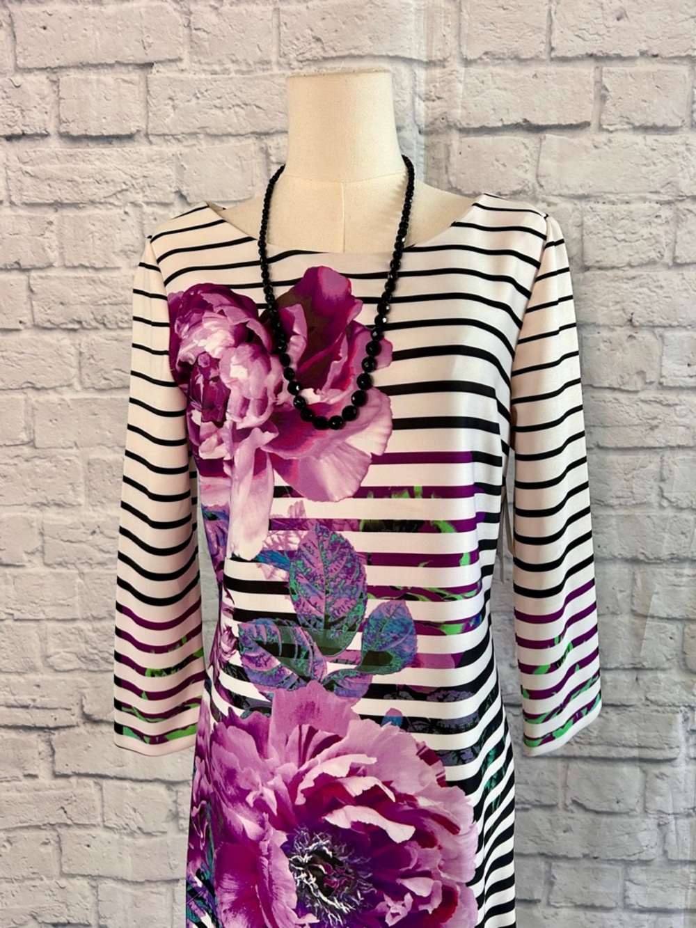 Beige by eci Black White Dress Striped Floral Midi Spring Maximalist Office - Picture 5 of 13